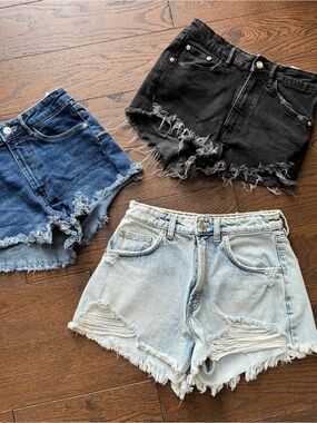 Zara Frayed Denim Shorts Trio - Black, Dark Blue, Light Blue